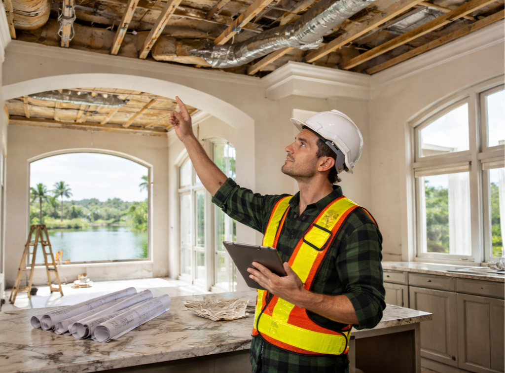 Construction worker in a safety vest and helmet inspecting the ceiling of a house under renovation, with blueprints and a tablet in hand, overlooking a scenic lake view through large windows.