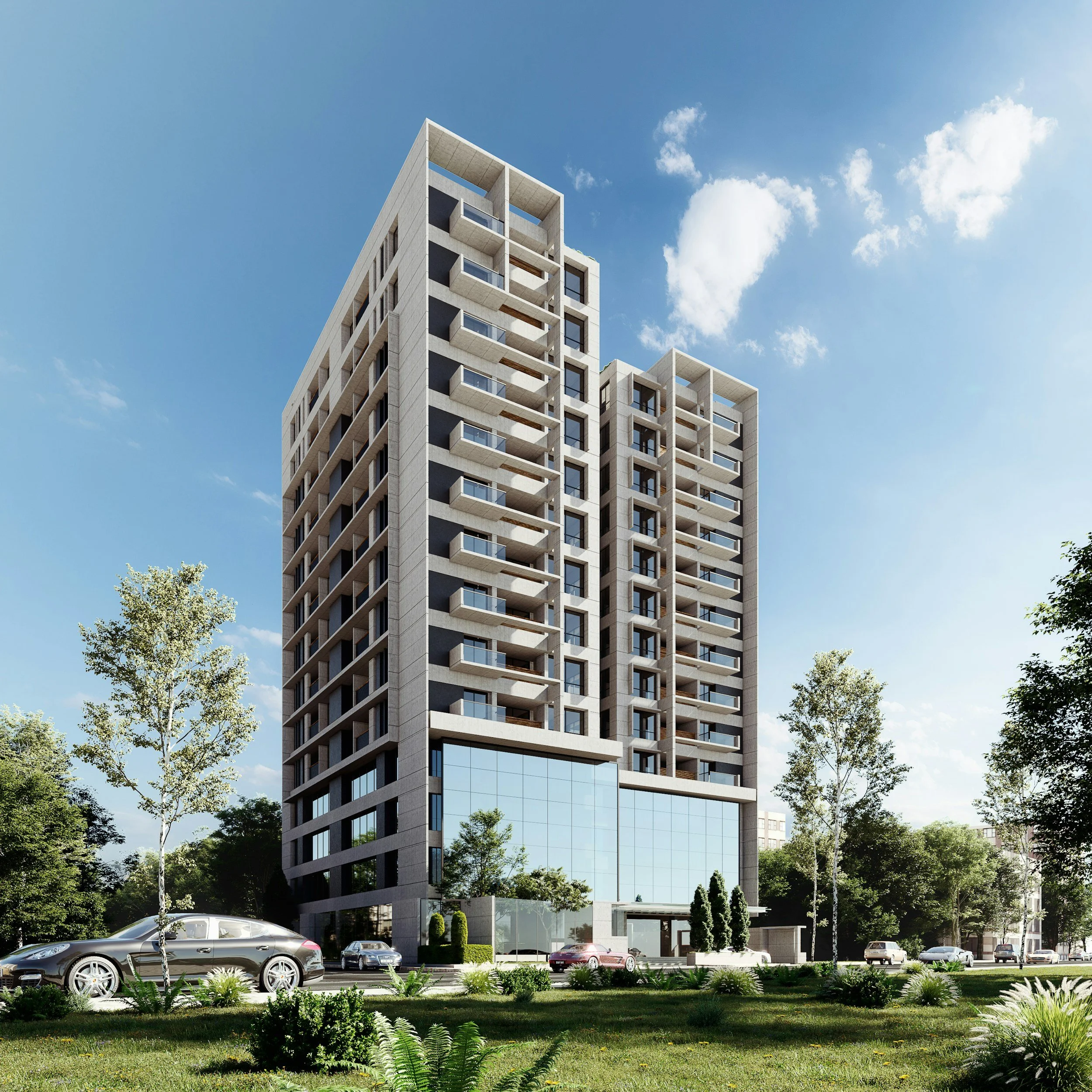 A modern high-rise building with a series of balconies and large glass windows, surrounded by trees and parked cars under a blue sky with scattered clouds.