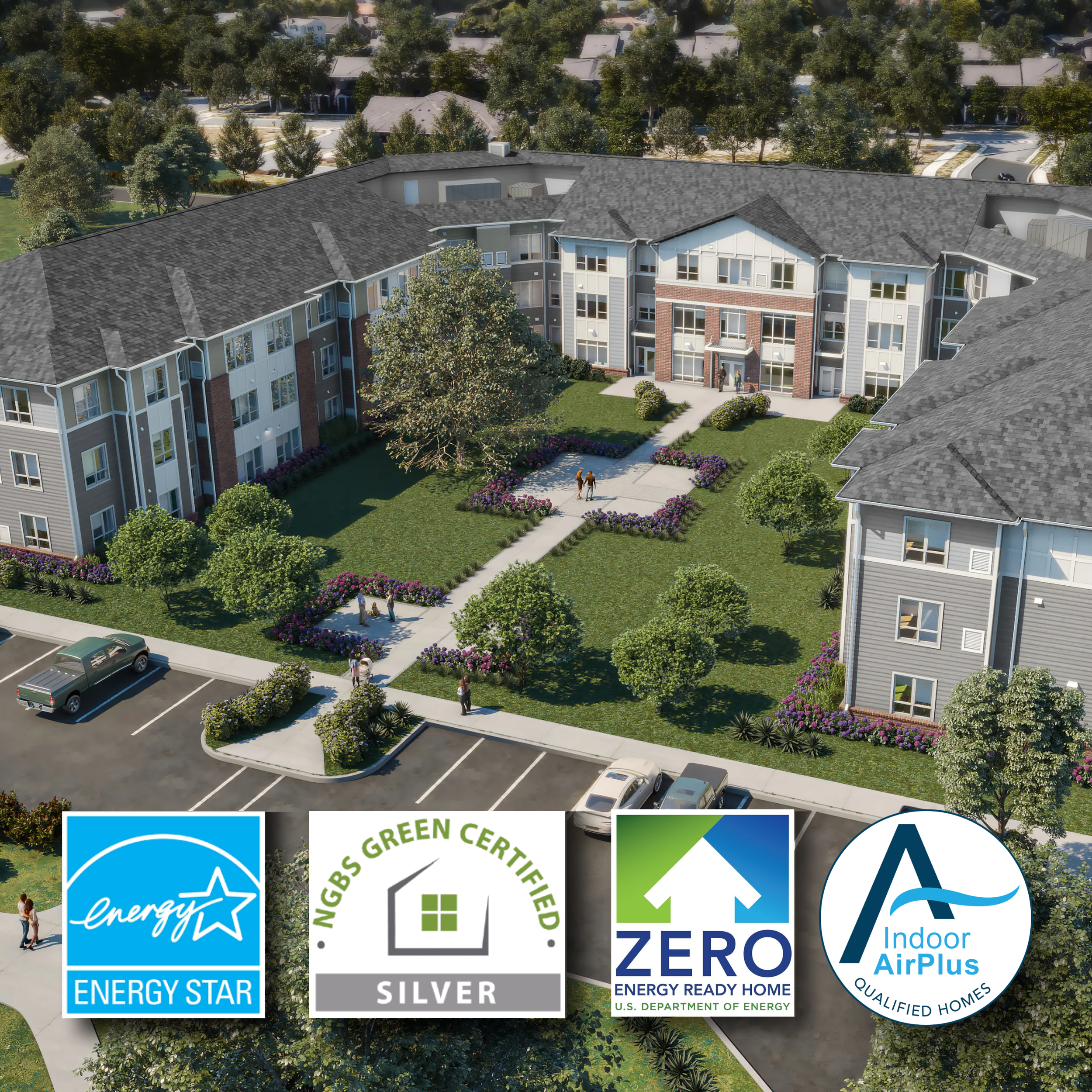 Aerial view of a residential complex certified by RunBrook with a landscaped courtyard, trees, walkways, and a few people walking. The image includes logos and stickers indicating energy-efficient and green certifications.