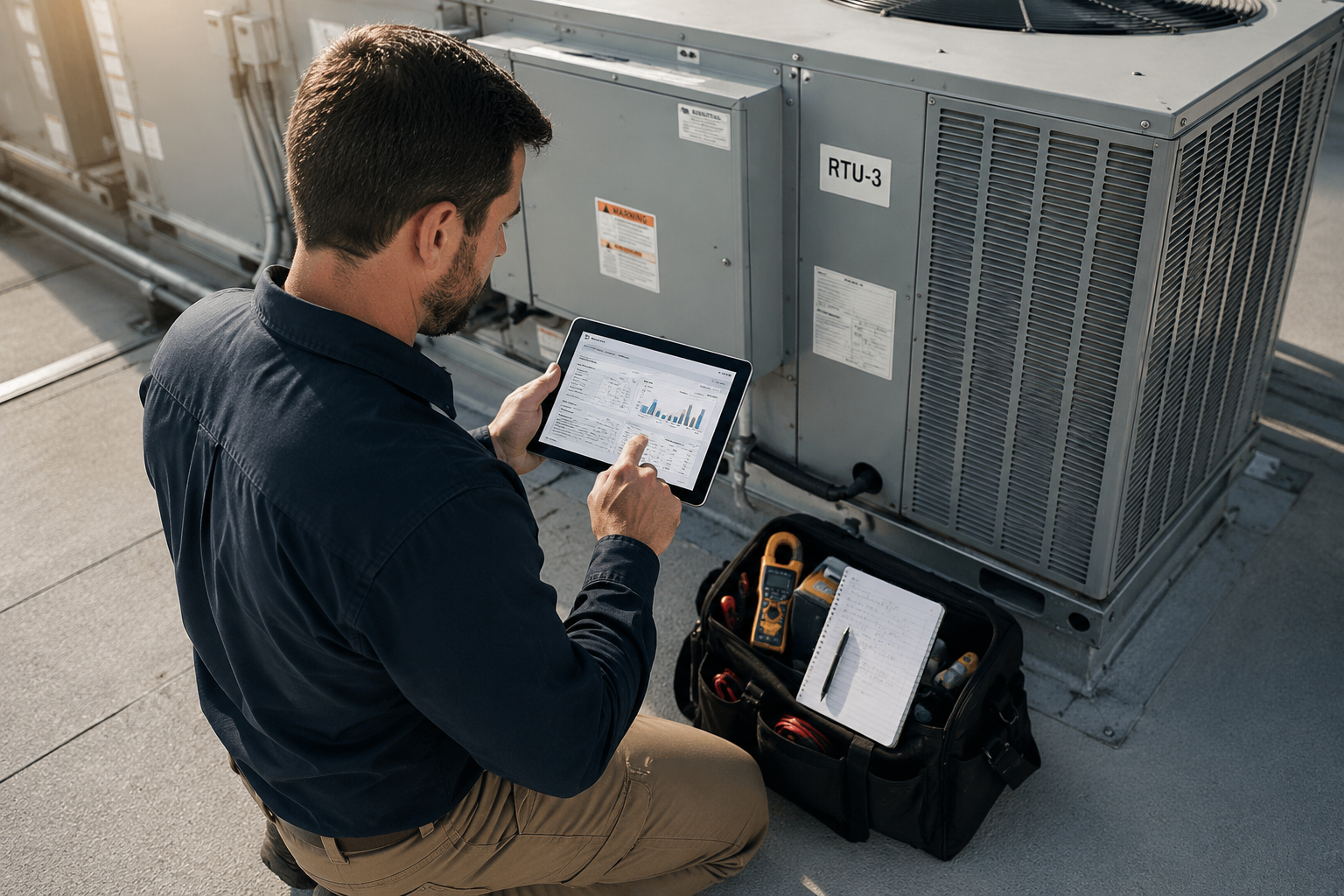 Technician inspecting industrial HVAC system with digital tablet on rooftop.
