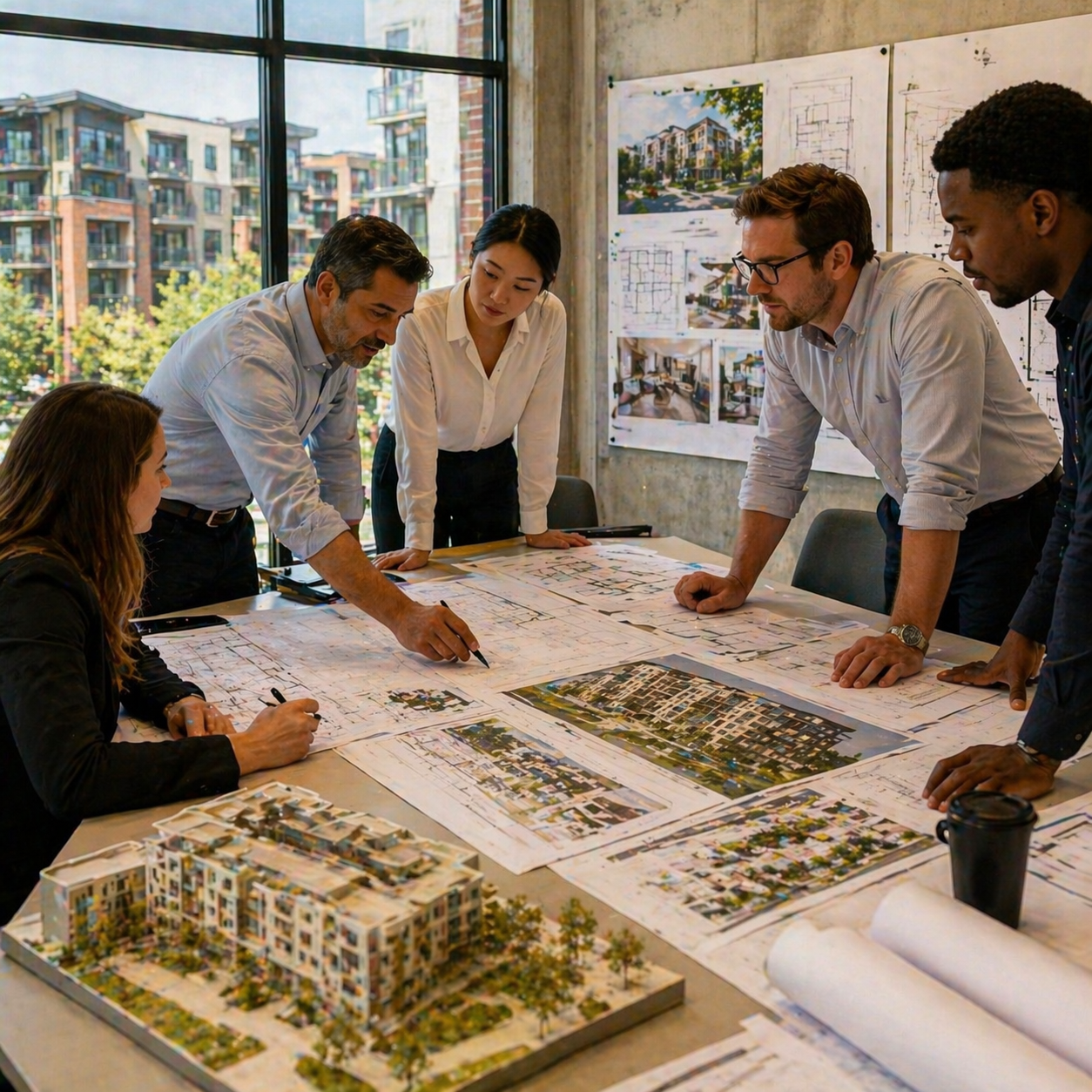 A group of five people gathered around a table reviewing architectural plans and models in a modern office with large windows and city buildings outside.