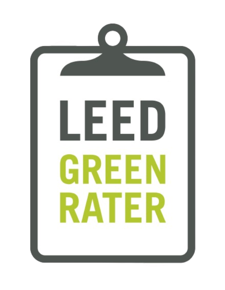 A badge with the text 'LEED Green Rater' in black and green letters.