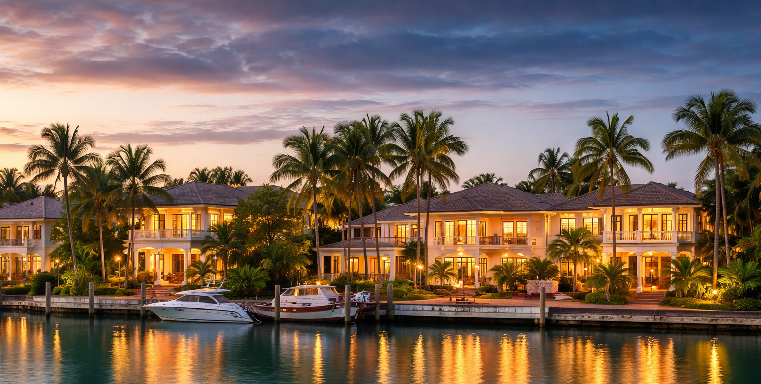 Luxury houses and yachts by a waterfront with palm trees during sunset