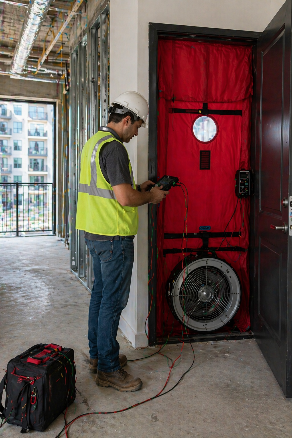 Construction worker in safety vest and helmet testing fire alarm system inside an elevator shaft with testing equipment.