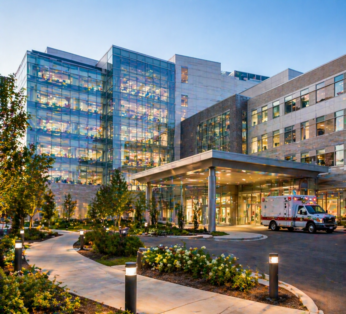 Modern hospital building with glass facade illuminated inside, surrounded by landscaped garden with walking path, trees, and flowers, and an ambulance parked outside.