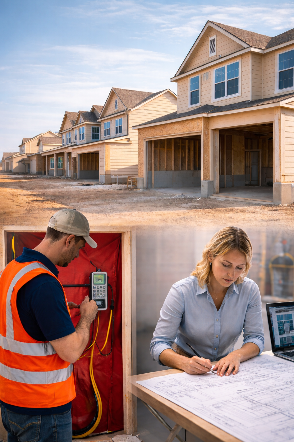 Under construction row of new houses with workers checking wiring and reviewing blueprints