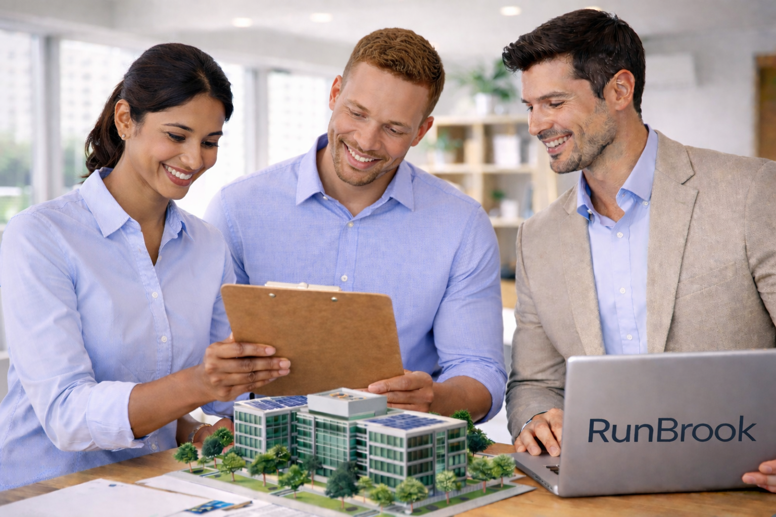 Three professionals in a modern office reviewing a scale model of a building complex.