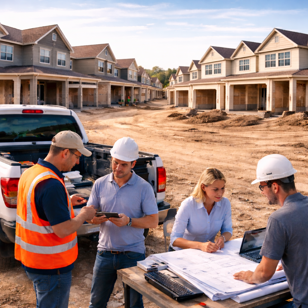 Construction workers and engineers review plans on a construction site with new houses in the background.