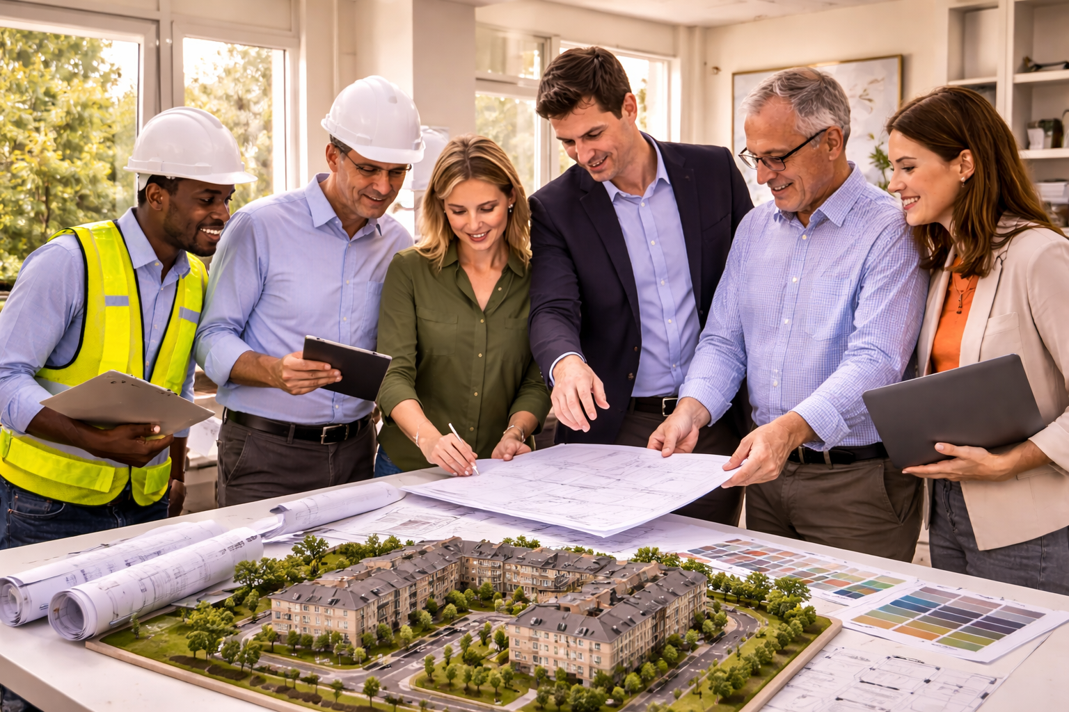 A group of seven people, including two engineers in safety vests and hard hats, and five business professionals, gathered around a table examining a detailed architectural model of a residential complex, with blueprints and color samples on the table inside a well-lit room with large windows.