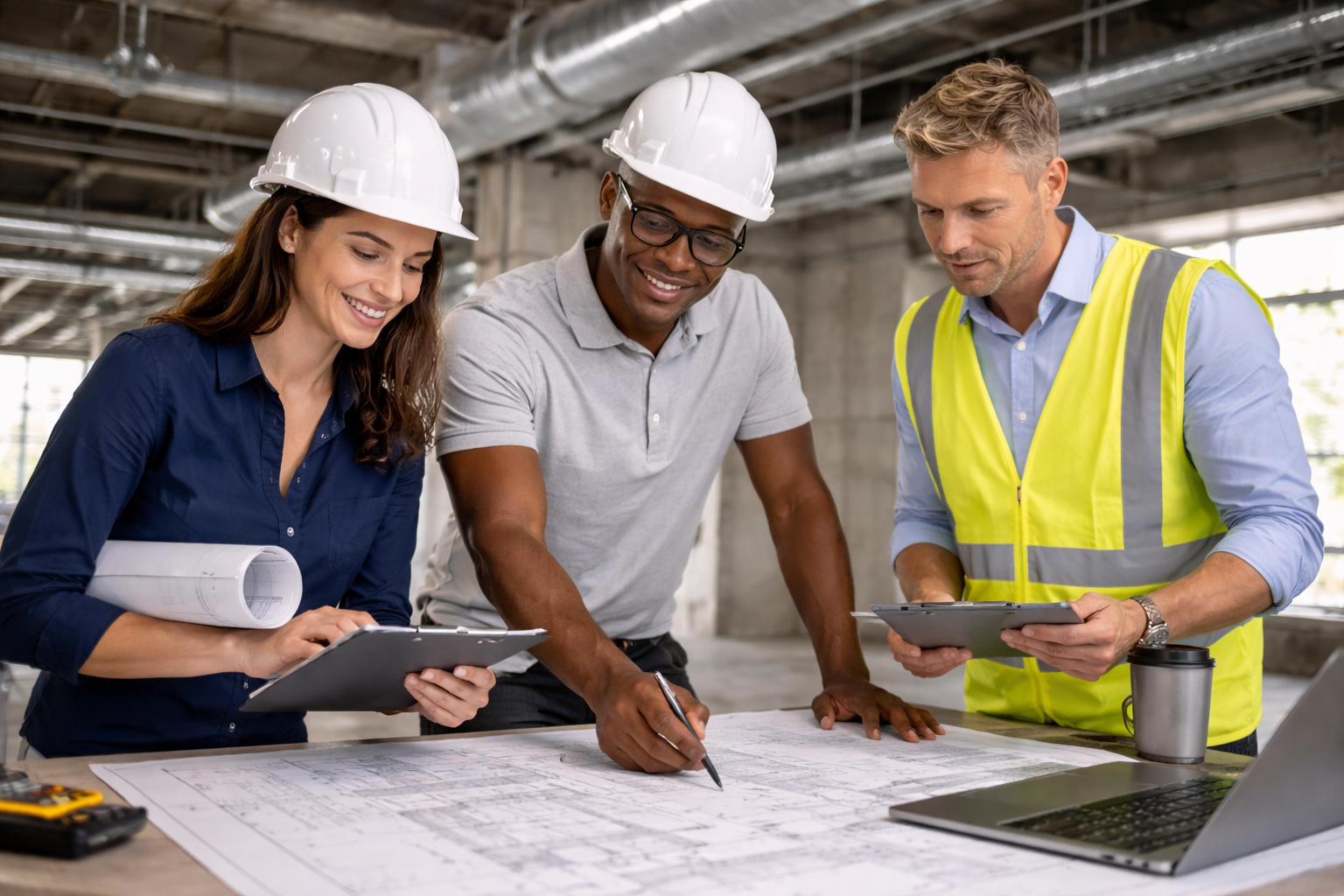 Three construction workers, wearing hard hats and safety vests, review blueprints at a construction site.