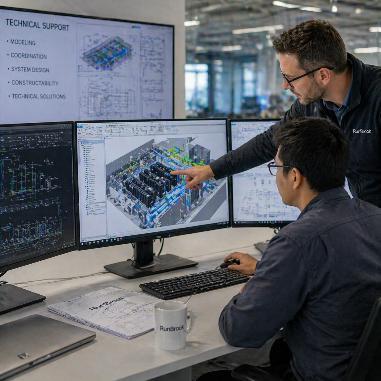 Two engineers are working on computer screens displaying technical diagrams and 3D models of an industrial or mechanical system in a modern office or workshop.