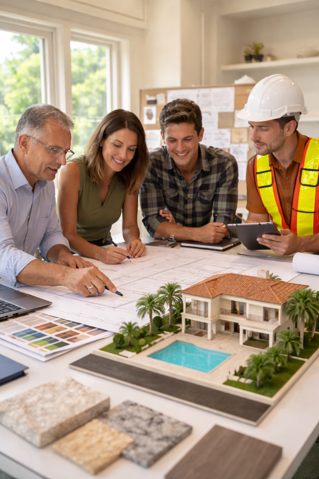 Group of four people, including a construction worker, discussing home building plans with a miniature model of a house on a table.
