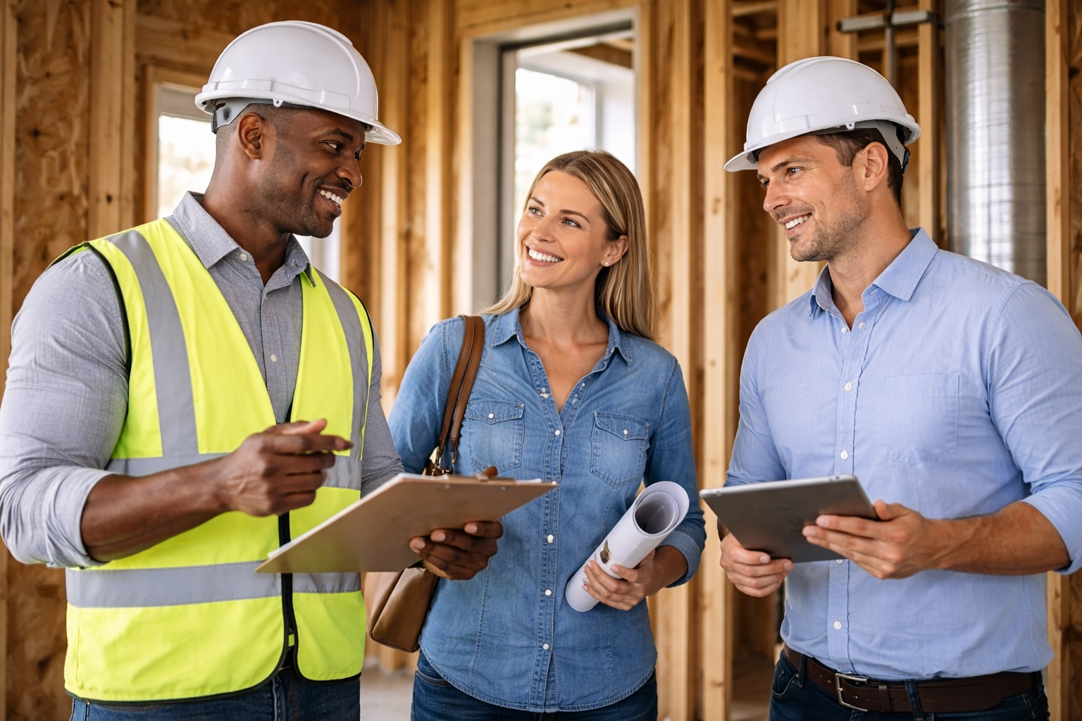 Three construction professionals, two men and one woman, inside a wooden framed building, wearing hard hats. They are smiling and engaging in conversation, with the man on the left holding a clipboard, the woman holding blueprints, and the man on the right holding a tablet.