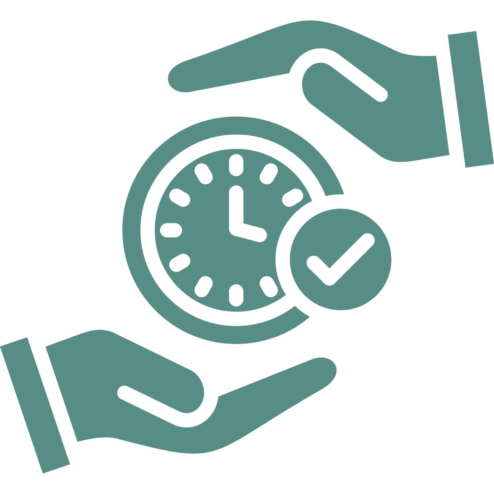 Illustration of a hand holding a clock and a checkmark, with other clocks in the background.