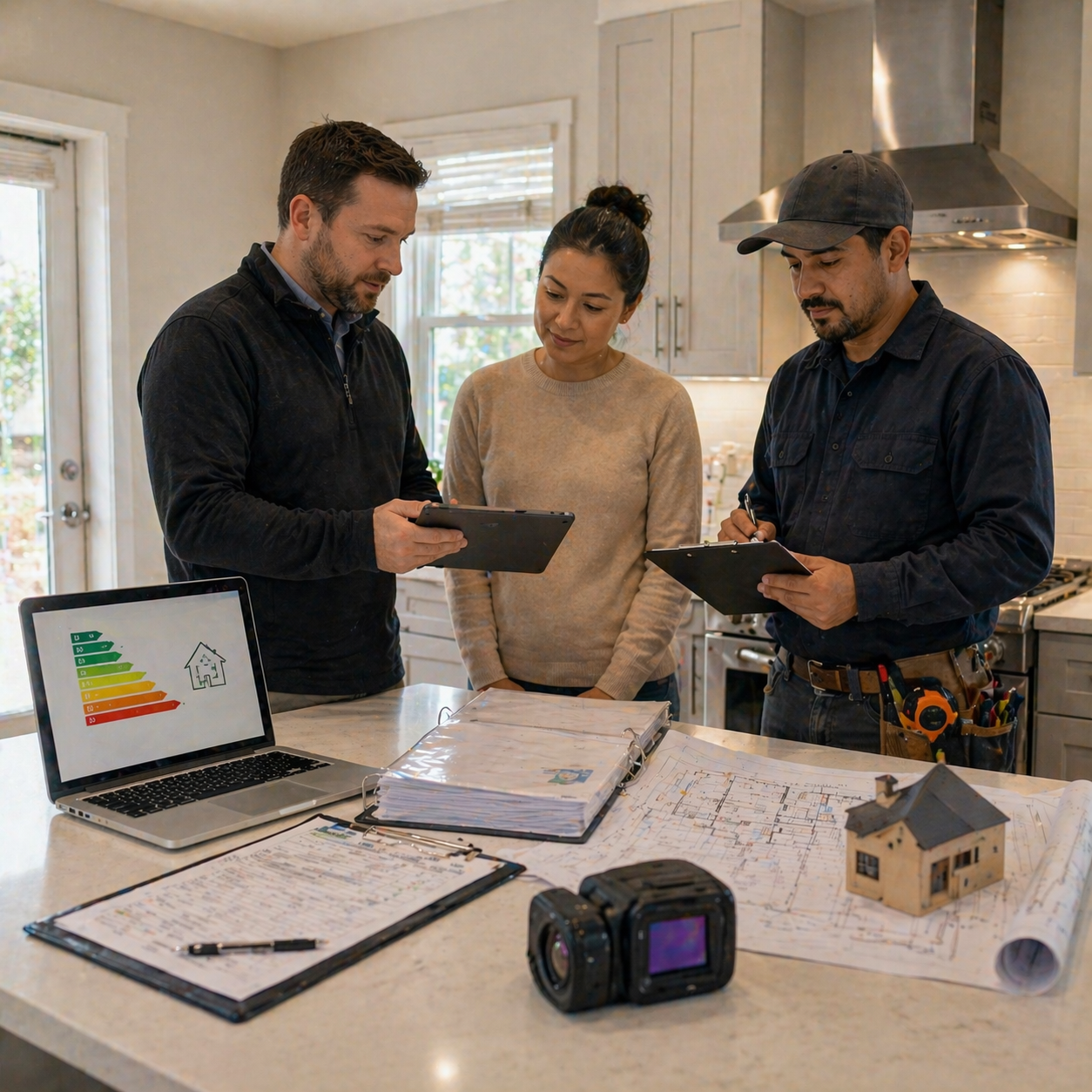 Three people reviewing construction plans and documents in a kitchen, with a laptop displaying an energy efficiency chart and a small house model on the table.