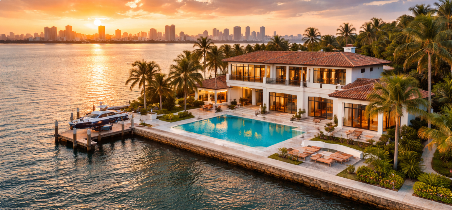 Luxury waterfront house with a swimming pool, surrounded by palm trees, overlooking the city skyline at sunset.