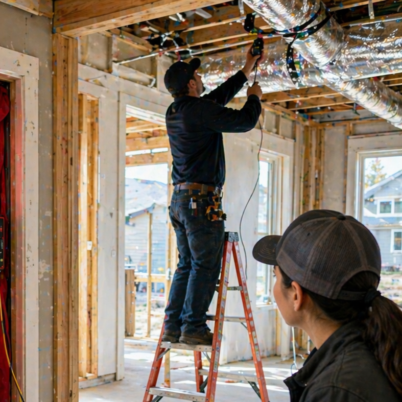 A construction worker standing on a ladder working on electrical wiring or insulation on the ceiling of a house under construction, with another person observing.