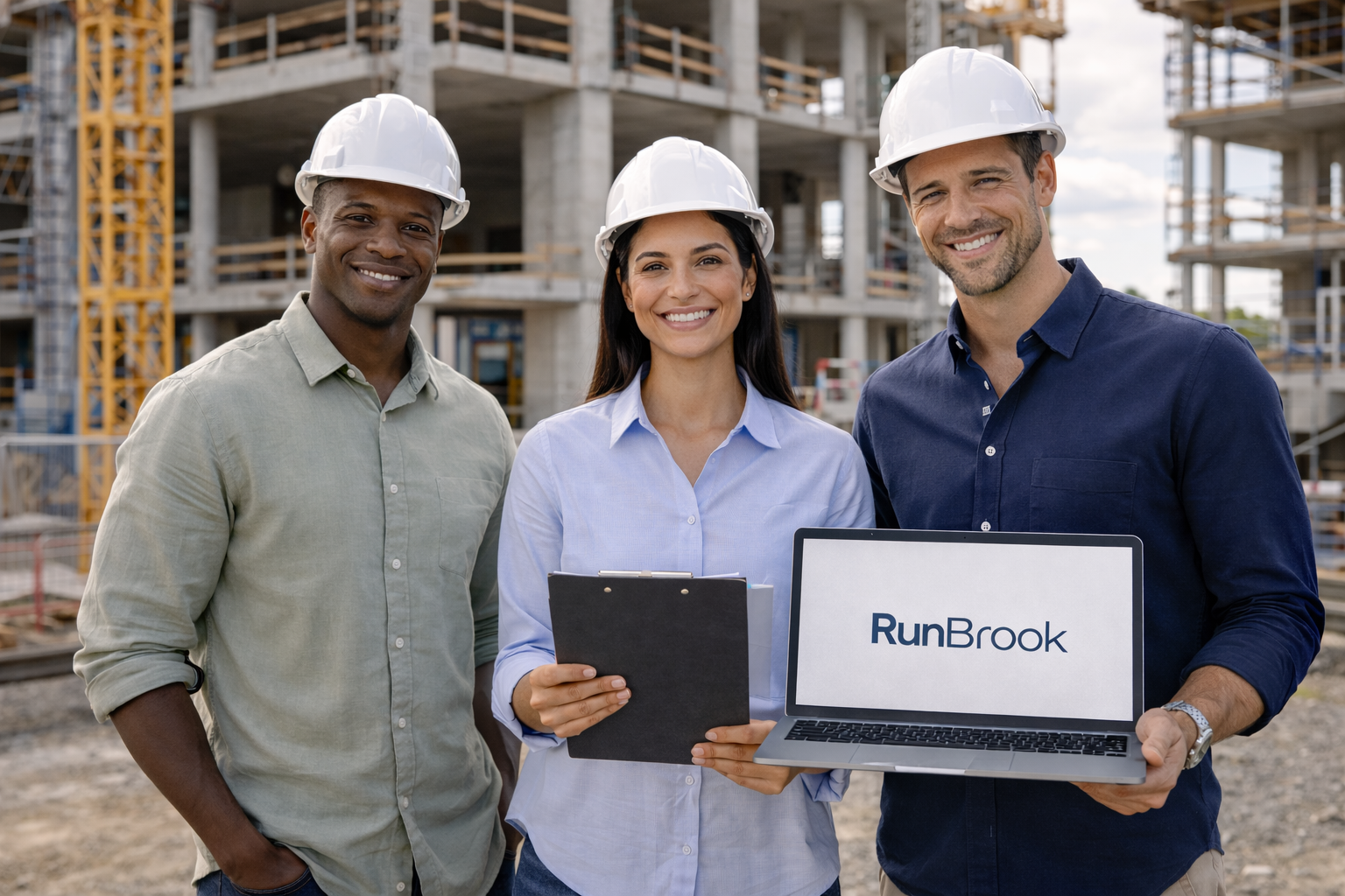 Three construction professionals wearing safety helmets at a construction site, holding a laptop with 'RunBrook' on the screen and a clipboard, smiling at the camera.