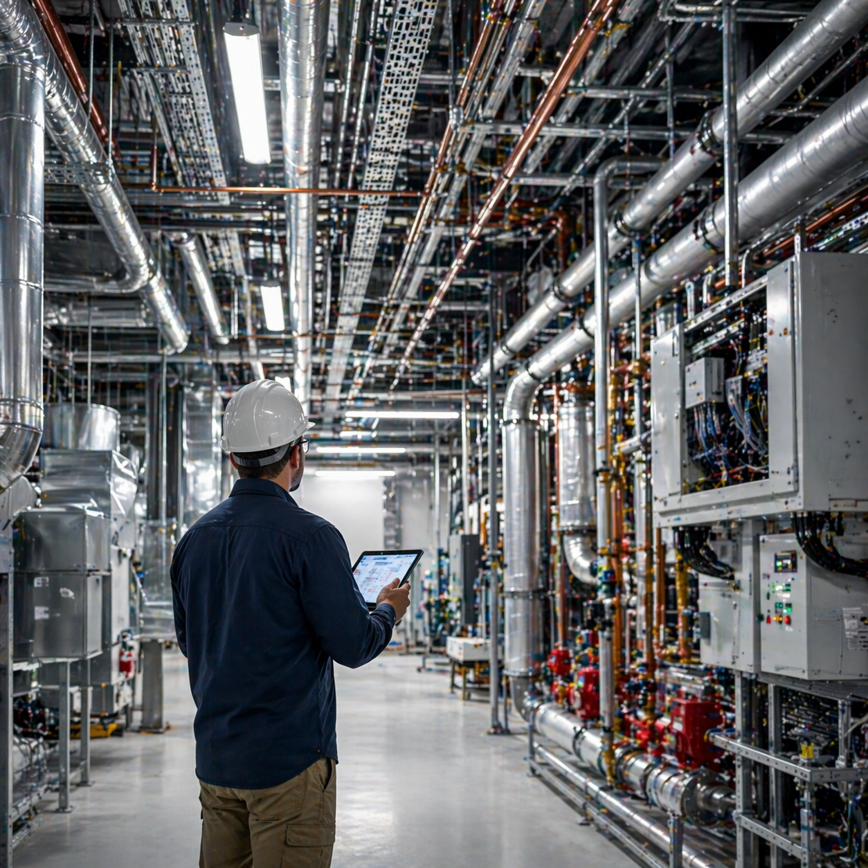 A man wearing a white safety helmet and navy shirt is in an industrial setting with many silver pipes and control panels, holding a tablet and inspecting the equipment.
