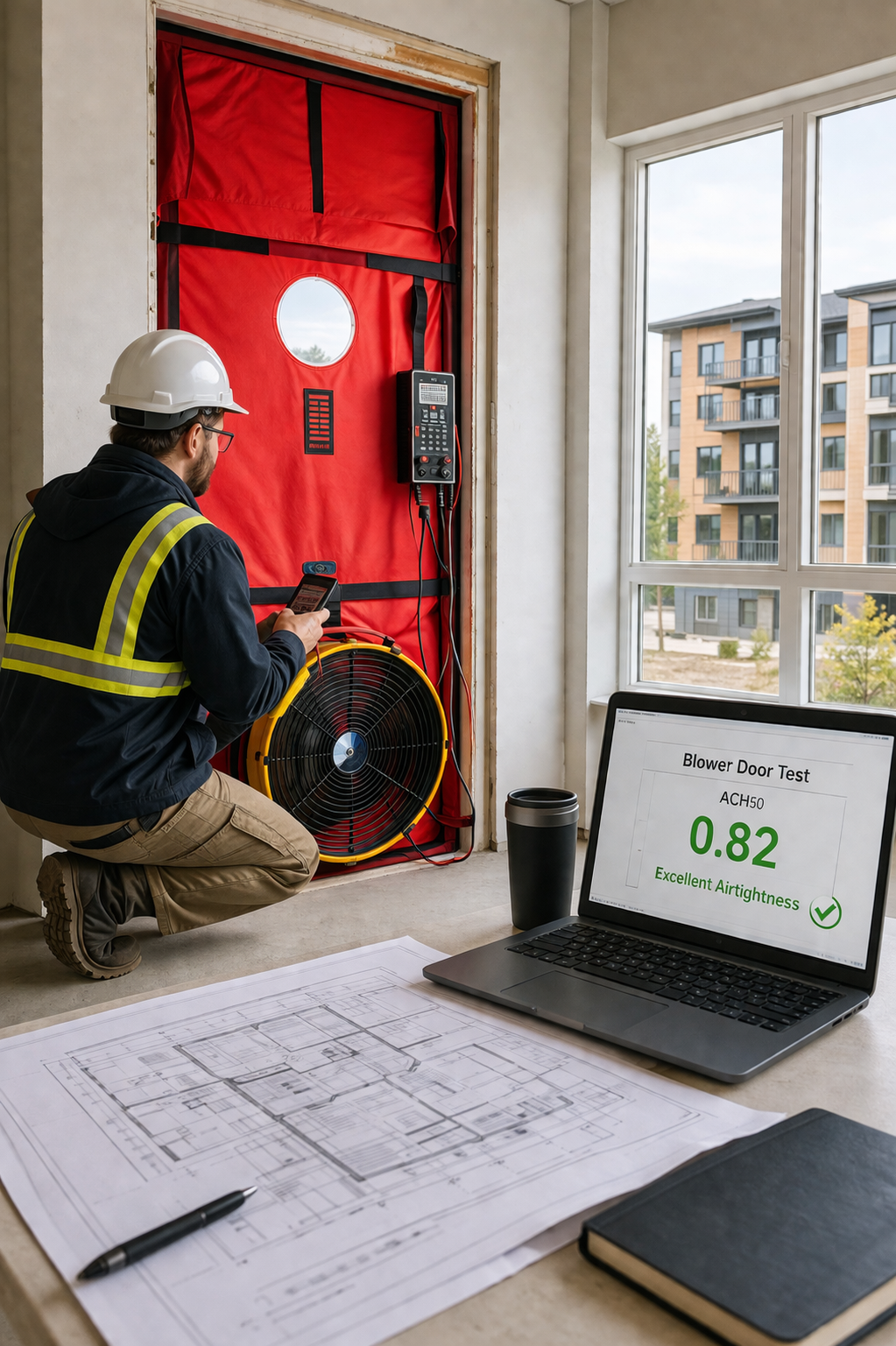 Construction worker in safety gear testing the airtightness of a building door with a blower door test, showing a result of 0.82, labeled as excellent airtightness, in a modern apartment building.