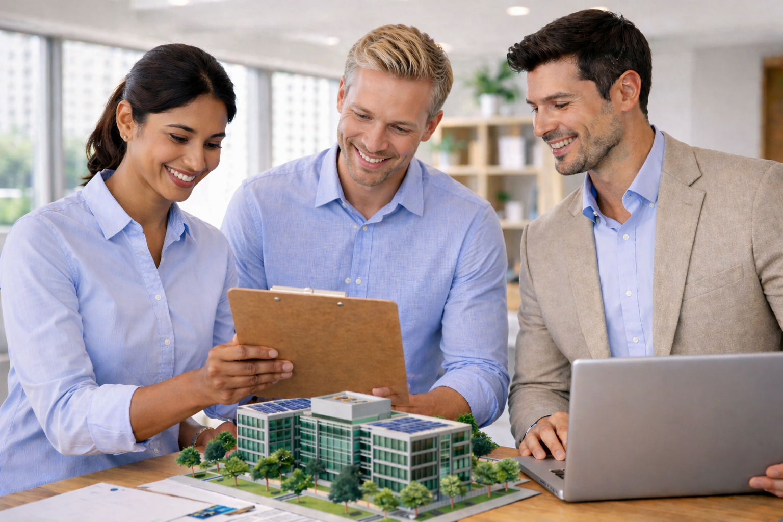 Three professionals, two men and one woman, reviewing a digital and paper presentation of an architectural model of a building with trees in an modern office.