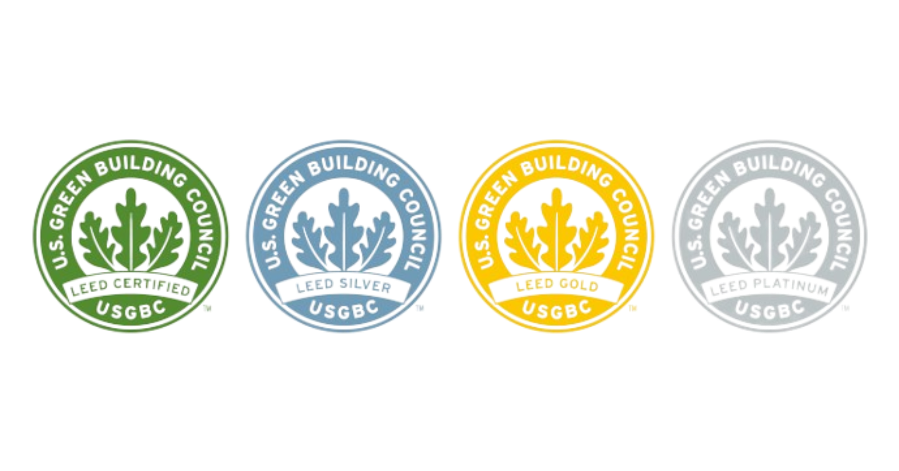 Four circular badges in green, blue, yellow, and silver colors representing U.S. Green Building Council LEED certification levels with logos and labels.