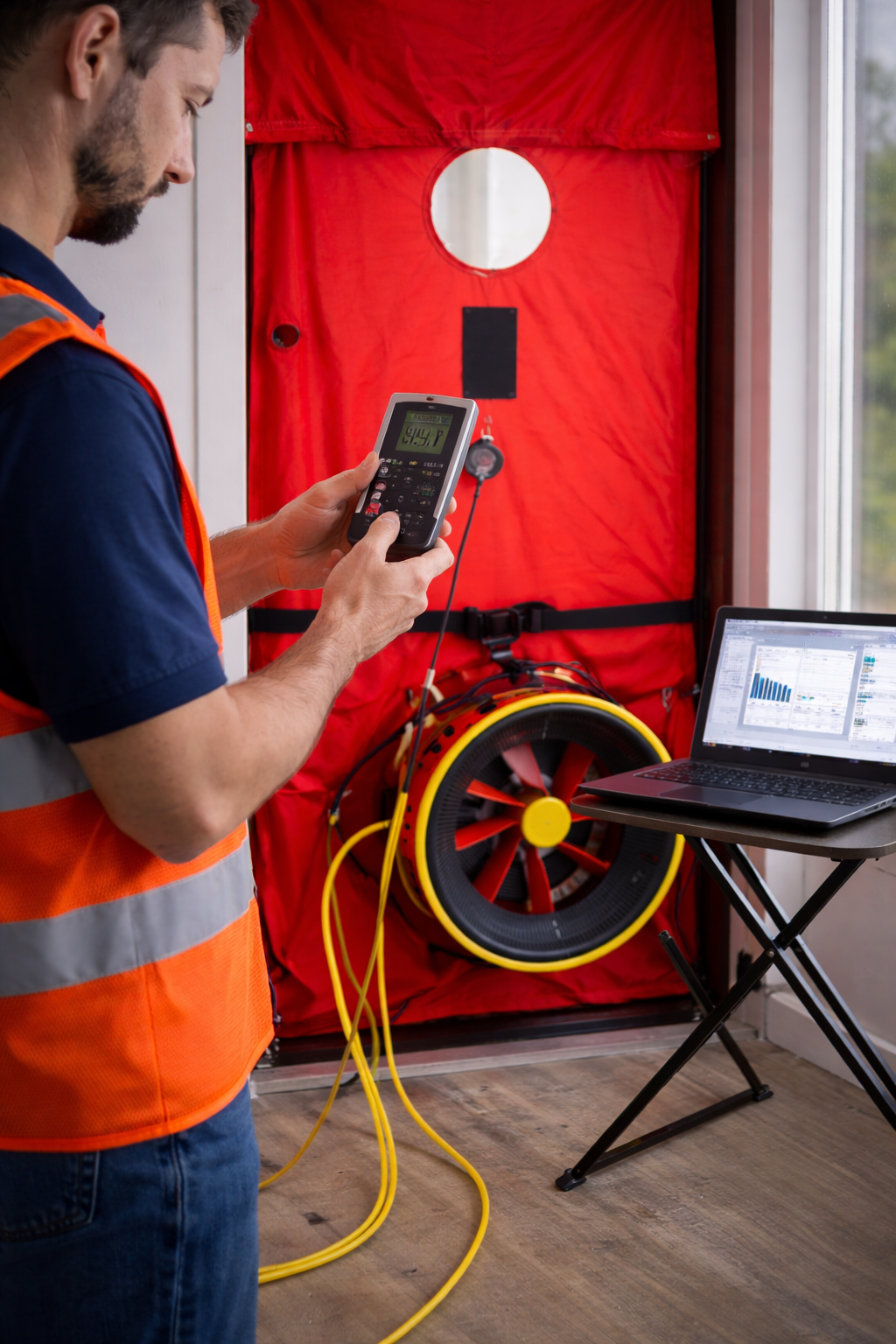 A technician in a safety vest using a digital device to measure or test equipment, with a laptop displaying data and a red safety apparatus with a circular fan and gauge in the background.