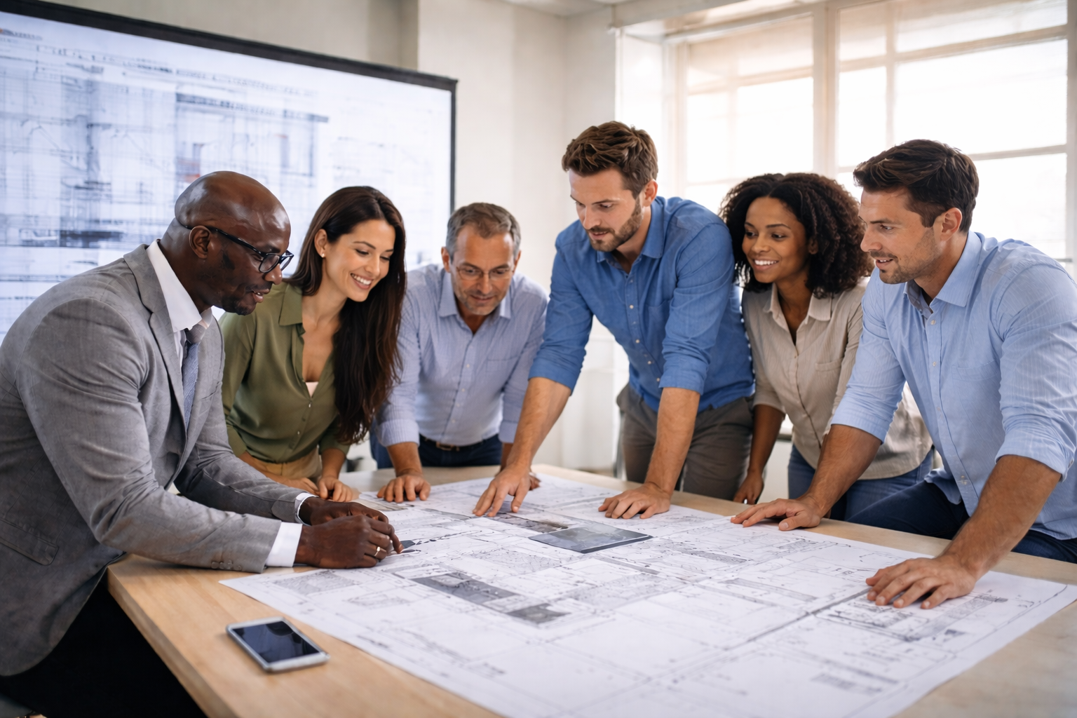 Group of diverse professionals collaborating on architectural plans in a bright office.