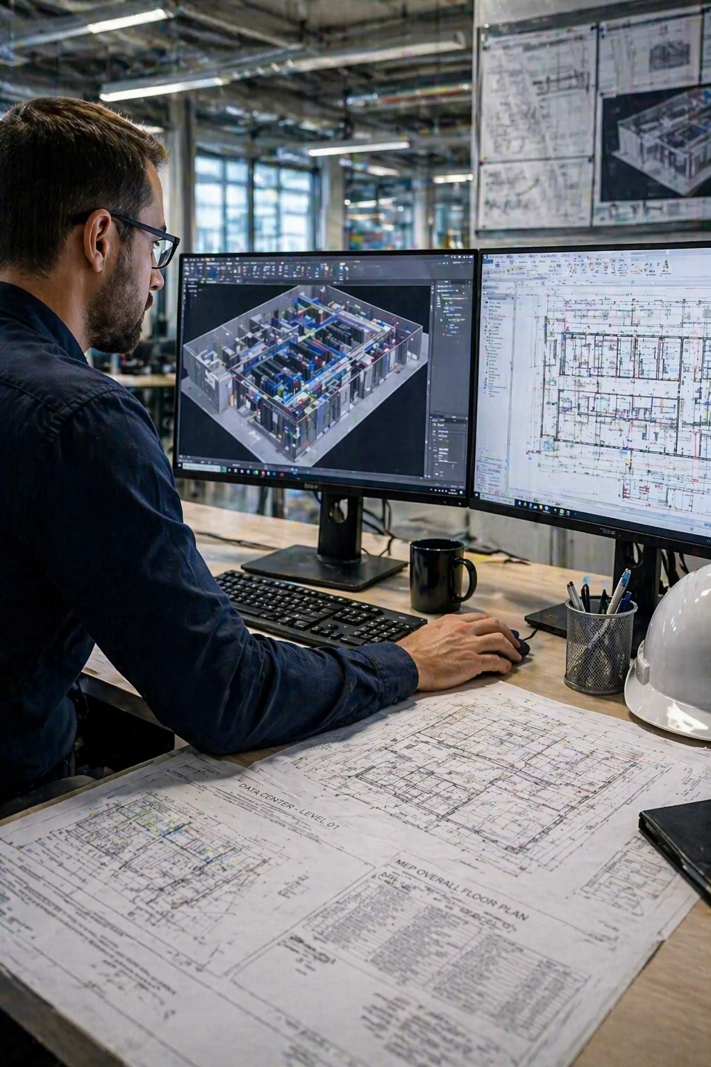 An architect working at a desk with blueprints and dual computer monitors displaying building plans and 3D models in a modern office.