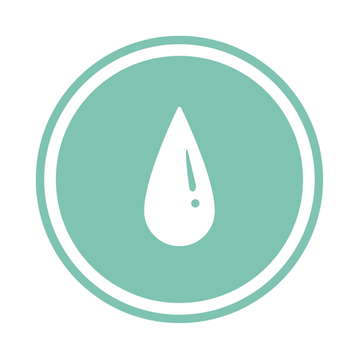 A stylized green circular icon with a white water droplet in the center.