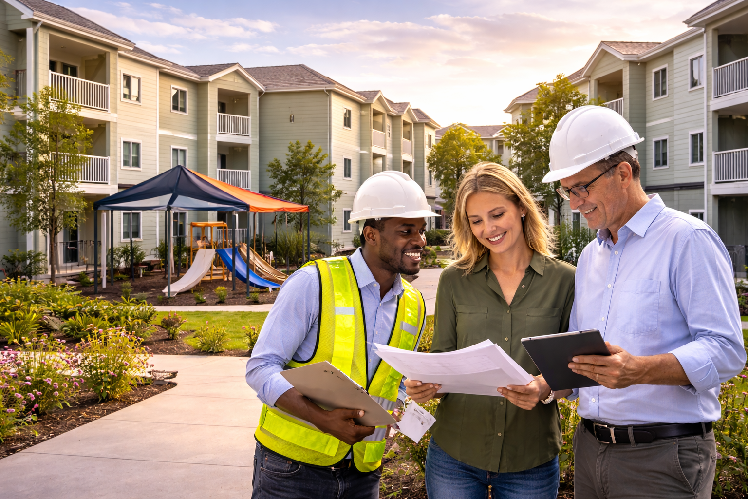 Three construction professionals, two men and one woman, wearing hard hats and safety vest, discussing plans outdoors in front of residential apartments with a playground, during sunset.