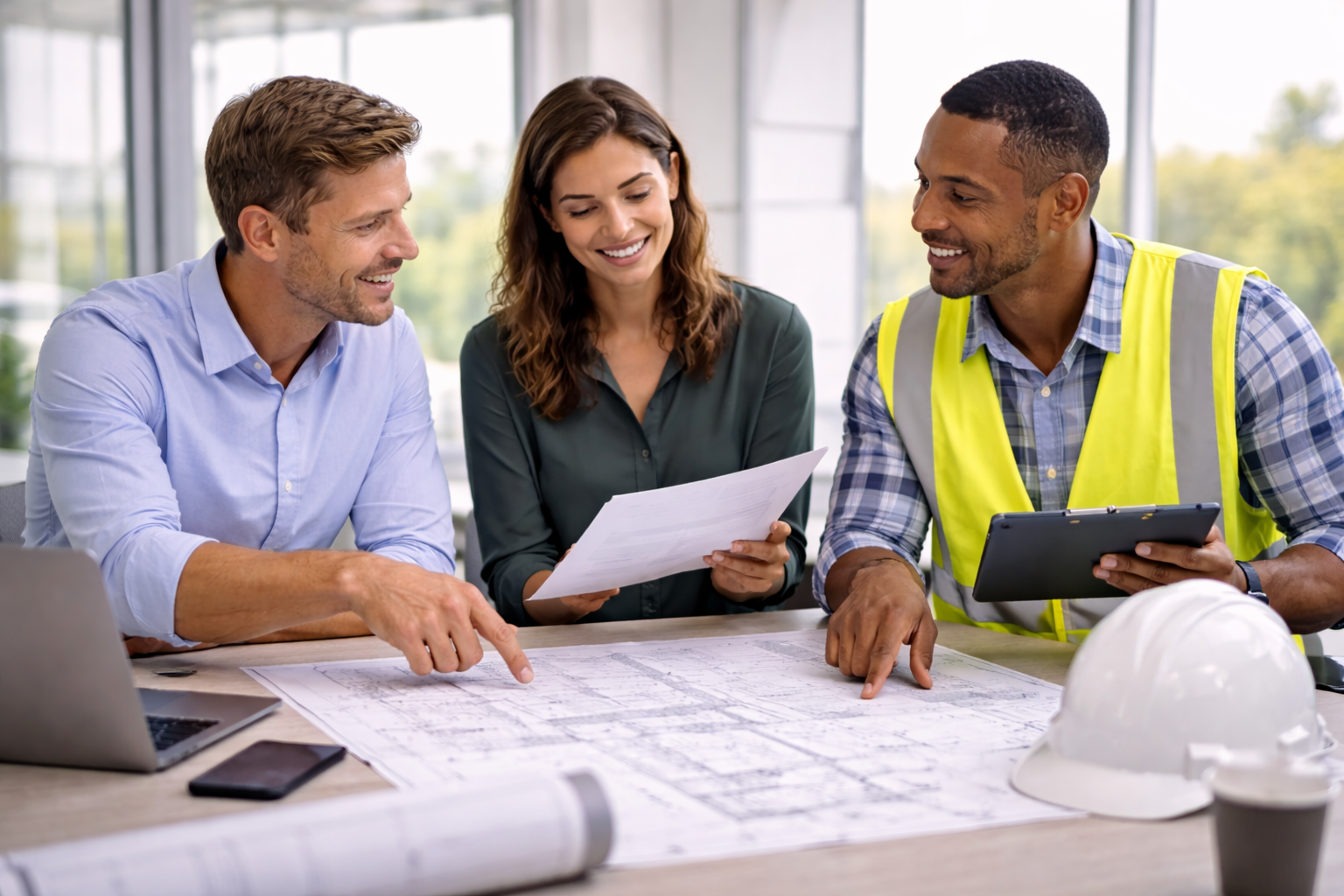 Three people at a construction desk reviewing blueprints, smiling and discussing, with a laptop, smartphone, white helmet, and rolled-up plans on the table.