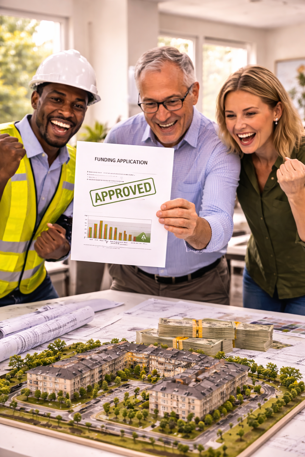 A group of three people celebrating a successful project, with a model of a housing complex, stacks of money, and a funding approval document on the table.