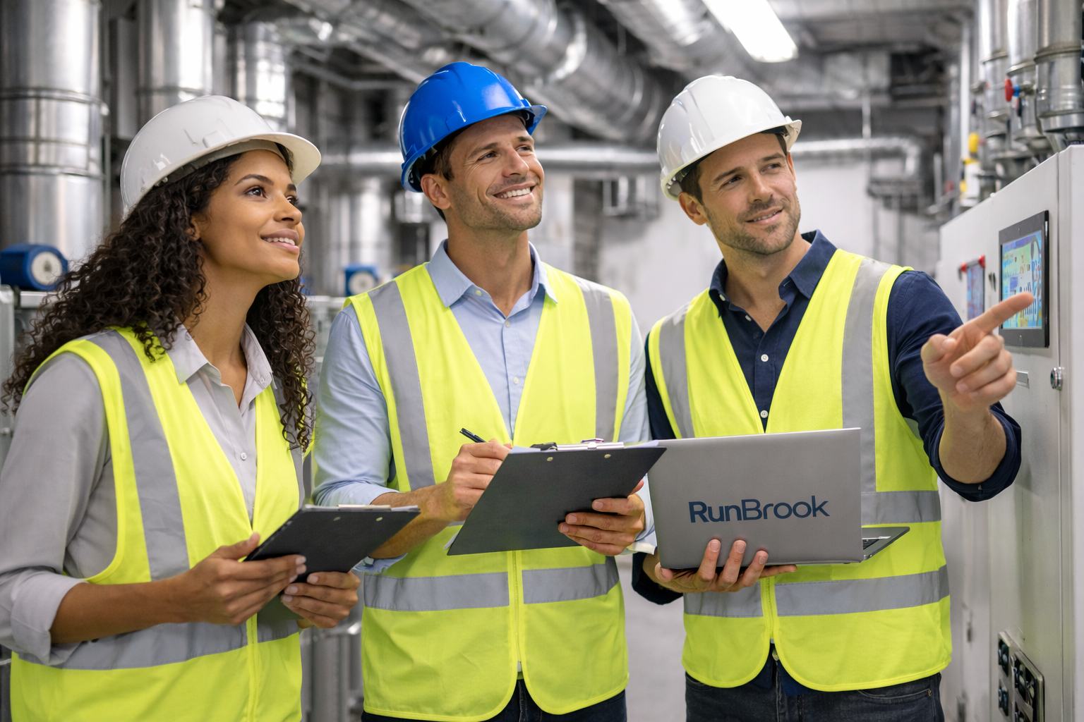 Three industrial workers wearing safety helmets and high-visibility vests discussing equipment in a factory facility.