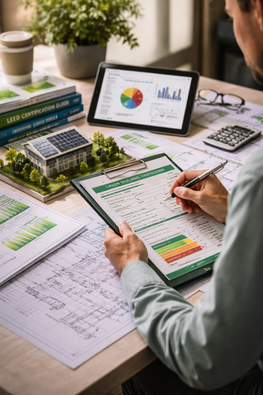 A person working on a real estate development project at a desk, reviewing blueprints, a 3D model of a building, and analyzing charts and data on a tablet and printed documents.