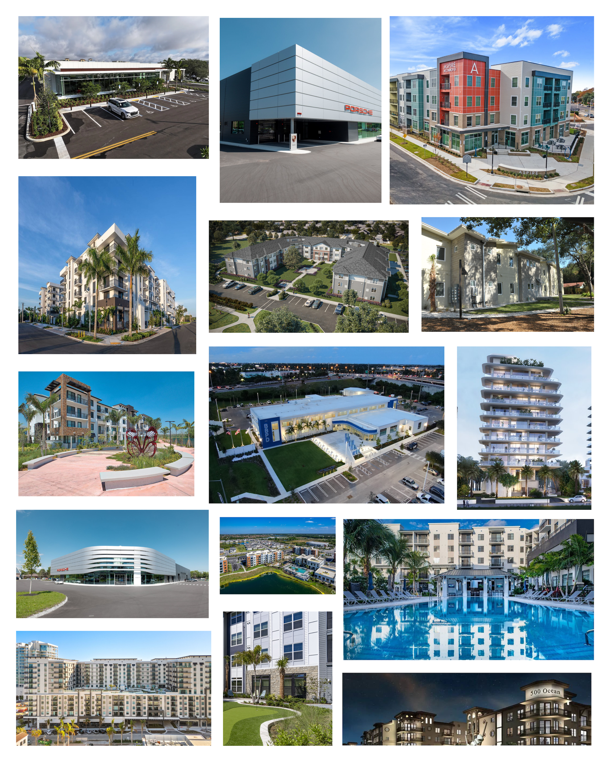 Collection of modern residential and commercial buildings, including apartments, condominiums, a hotel, and office buildings, with landscaped surroundings and amenities like pools and parking areas.