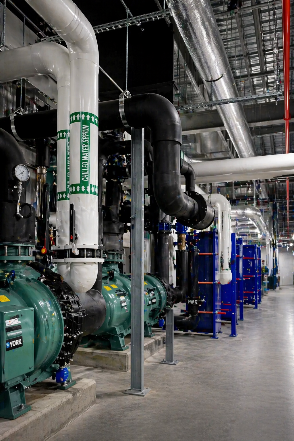 Industrial mechanical room with large pipes, pumps, and equipment for water or fluid management.