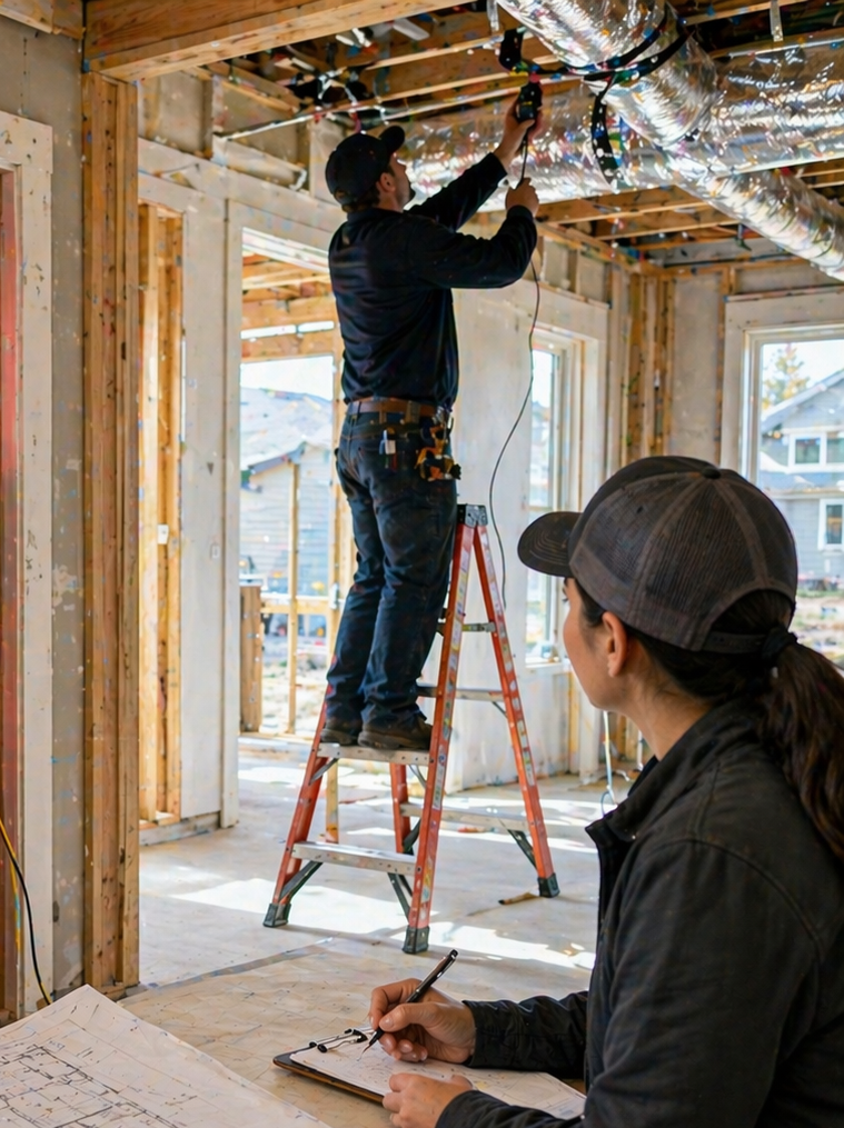 Two construction workers inside a house under construction, with one standing on a ladder working on the ceiling and the other sitting, taking notes and observing.