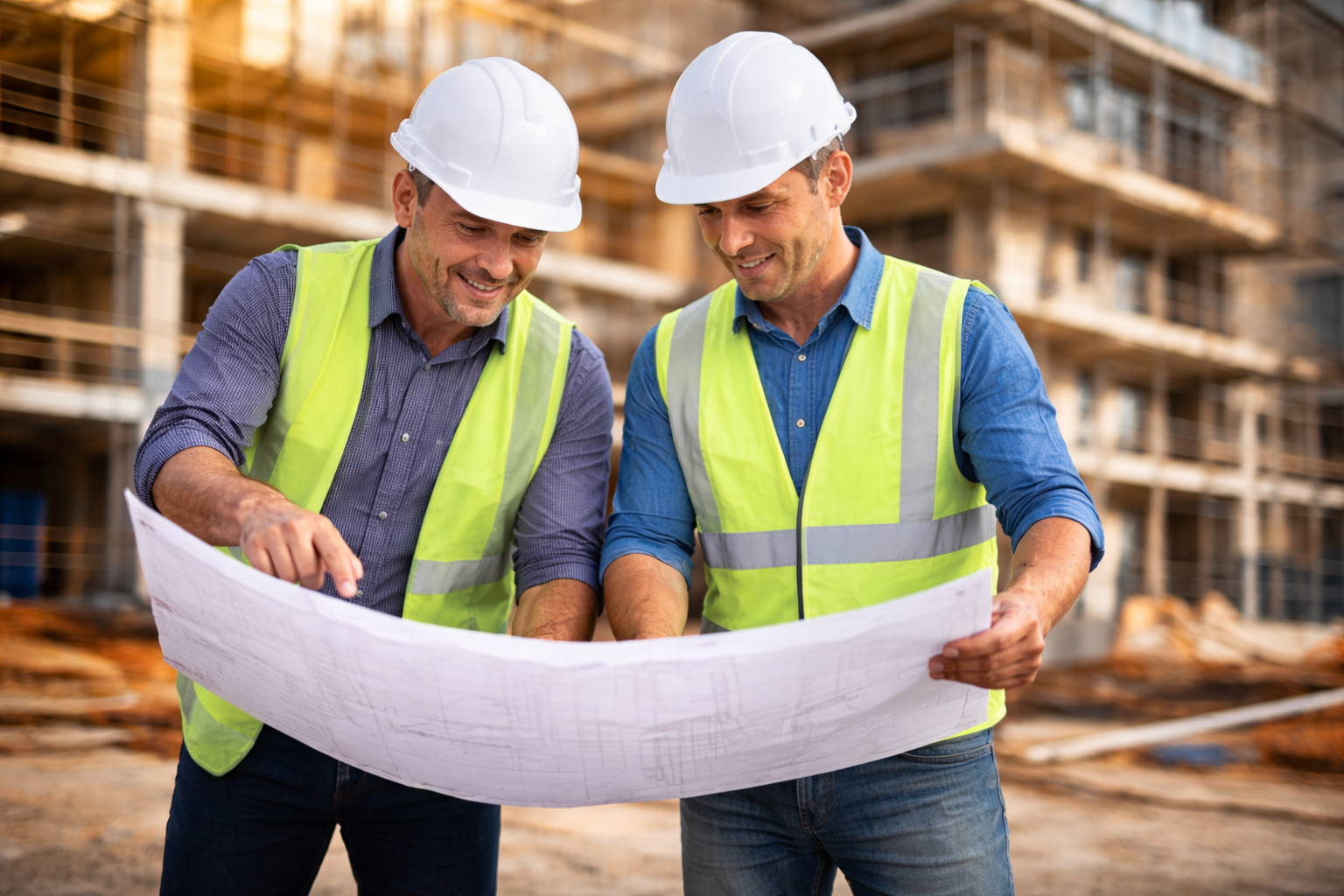 Two construction workers in safety vests and helmets reviewing blueprints at a construction site.