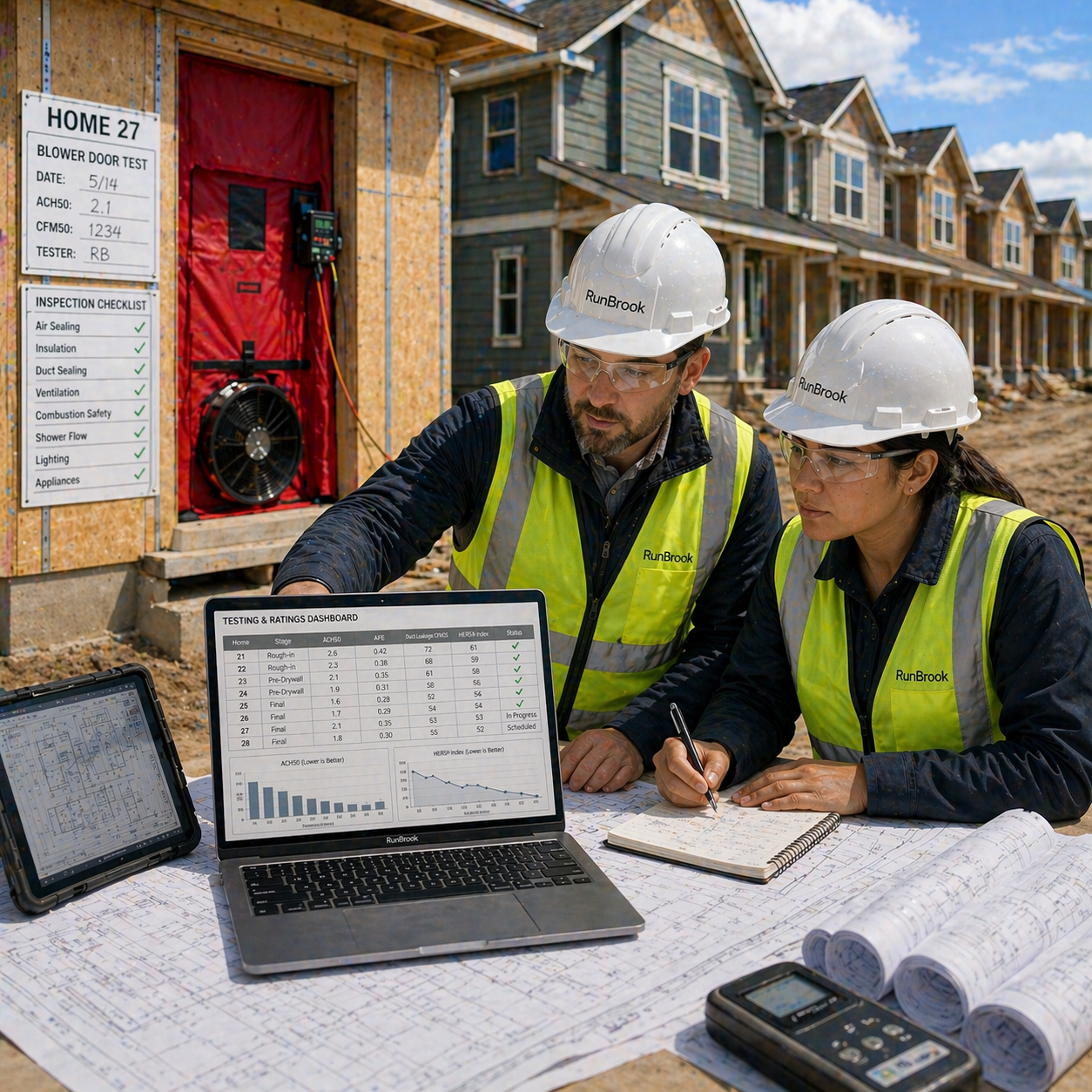 Two construction engineers in safety helmets and vests reviewing plans and data at a building site with unfinished houses in the background.