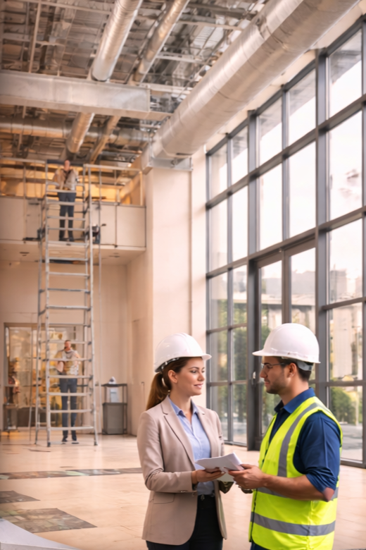 Two construction professionals, a woman in a blazer and a man in a safety vest, wearing hard hats, inspecting plans indoors at a construction site with large glass windows, scaffolding, and workers in the background.