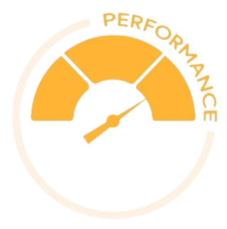 Performance gauge with a needle pointing to high, labeled 'PERFORMANCE' in orange text.