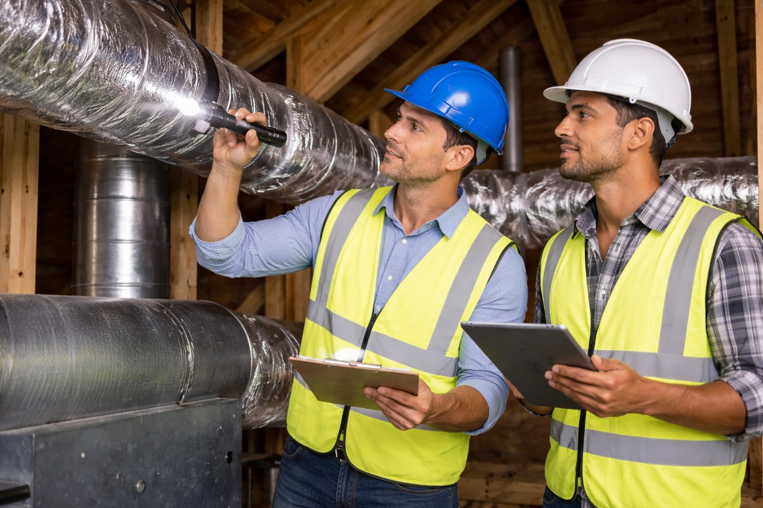 Two men wearing yellow safety vests and helmets inspecting a duct system with a flashlight and tablet in an attic or utility space.