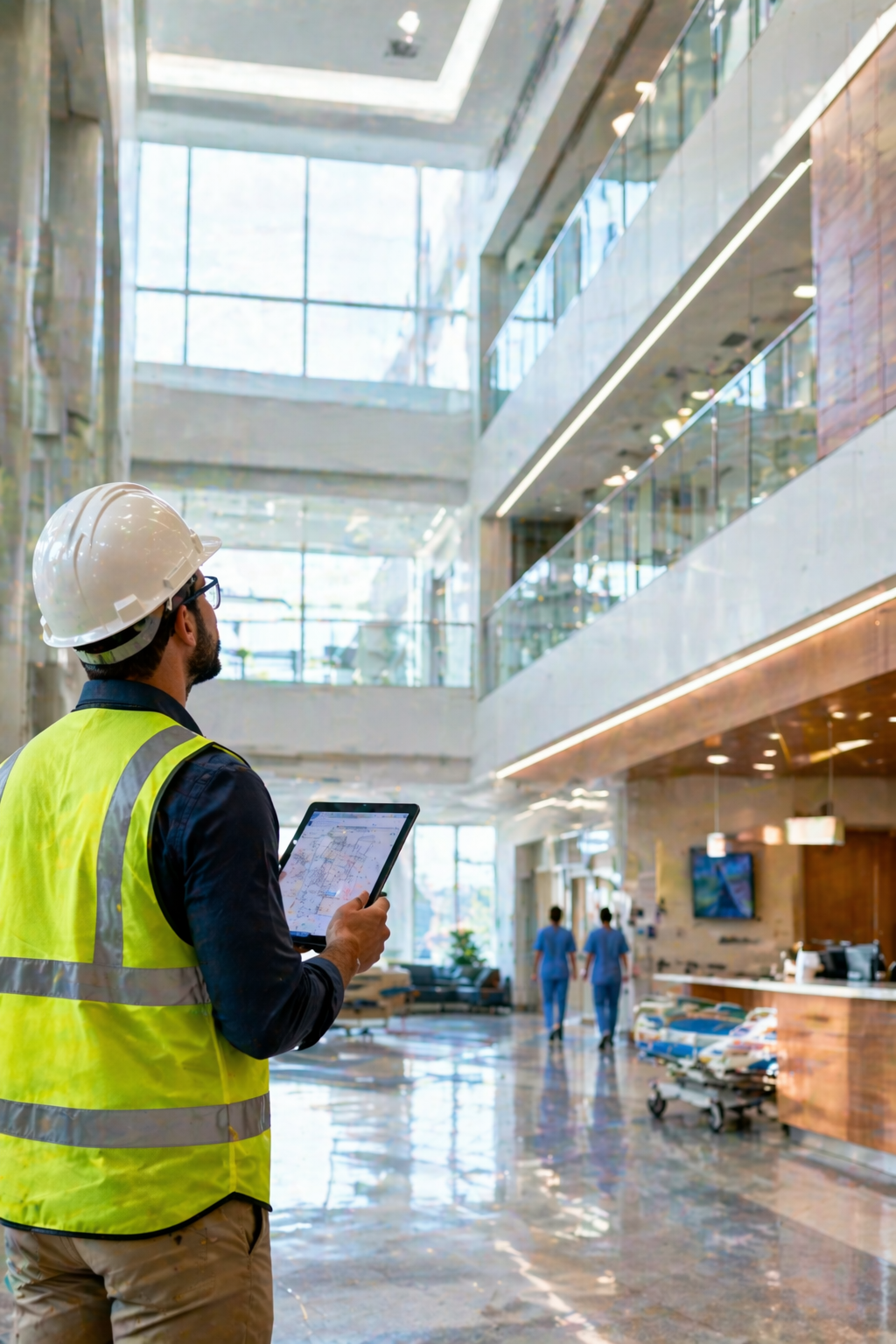 A construction worker wearing a white safety helmet and a yellow reflective vest holds a tablet while inspecting the interior of a modern hospital or building with glass balconies, a polished floor, and medical staff in scrubs in the background.