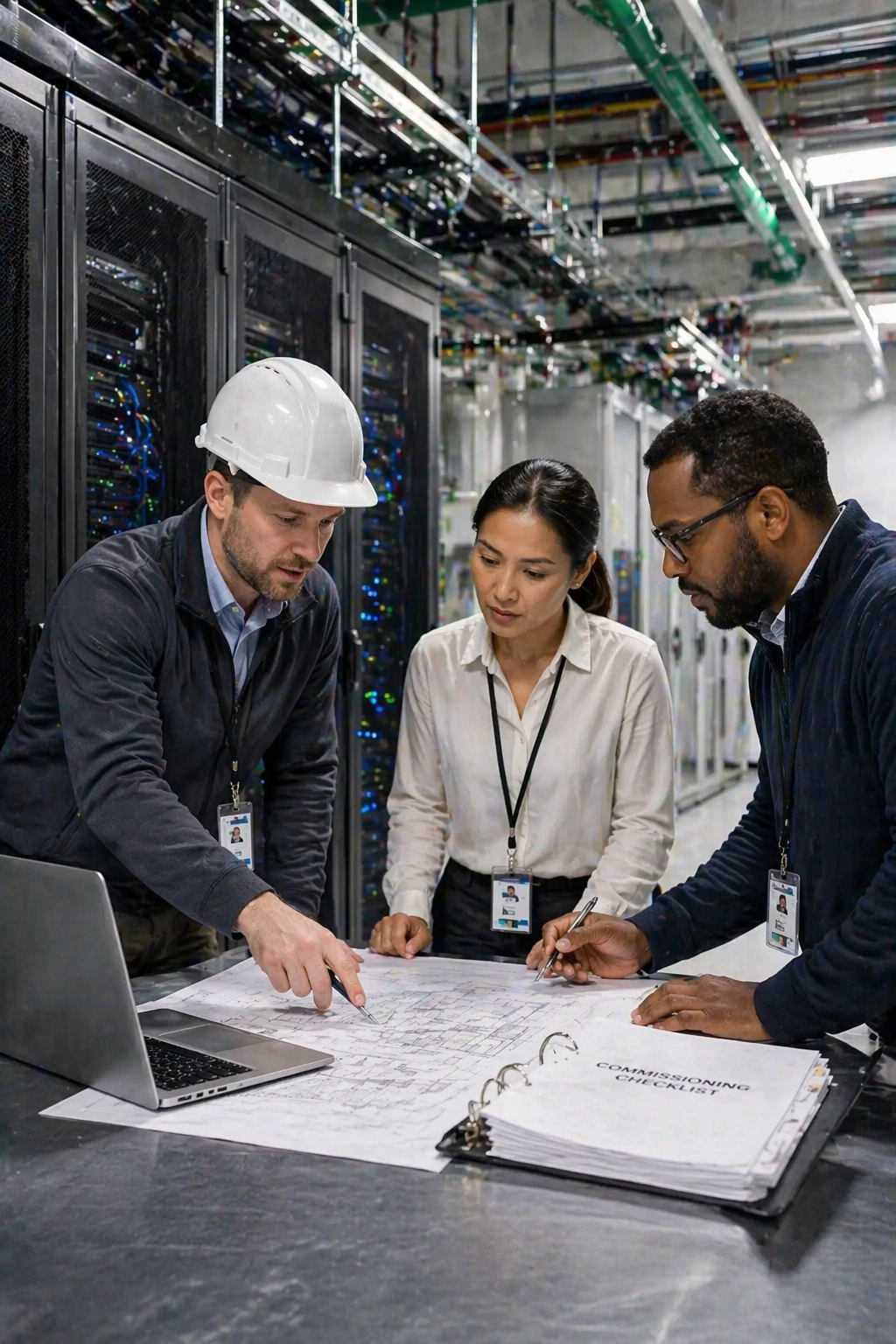 Three IT professionals are discussing network schematics in a data center, with server racks and network cables in the background.