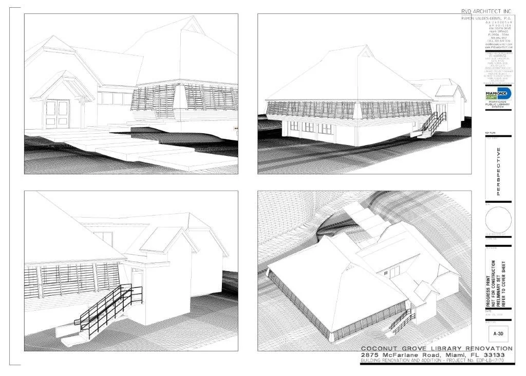 Architectural blueprint drawings of the Coconut Grove Library renovation project, showing building perspectives, elevations, and plans.