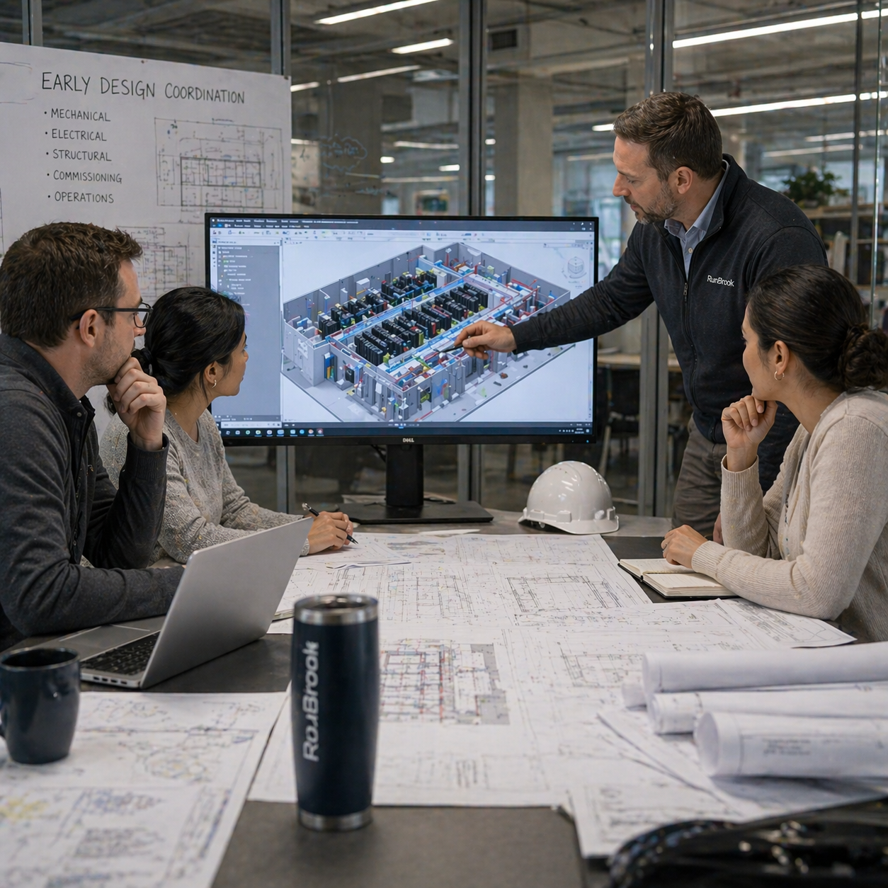 Group of four people in a meeting room looking at a large screen displaying a 3D building layout, with plans and diagrams spread on the table in front of them. One person is standing and pointing at the screen, and the others are seated paying attention.