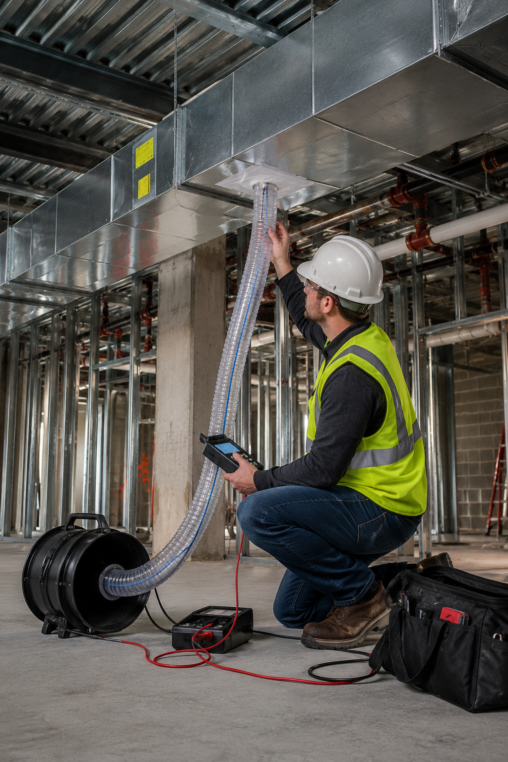 Construction worker kneeling on concrete floor, testing HVAC duct with electrical testing equipment, wearing a white hard hat and yellow safety vest in an unfinished building