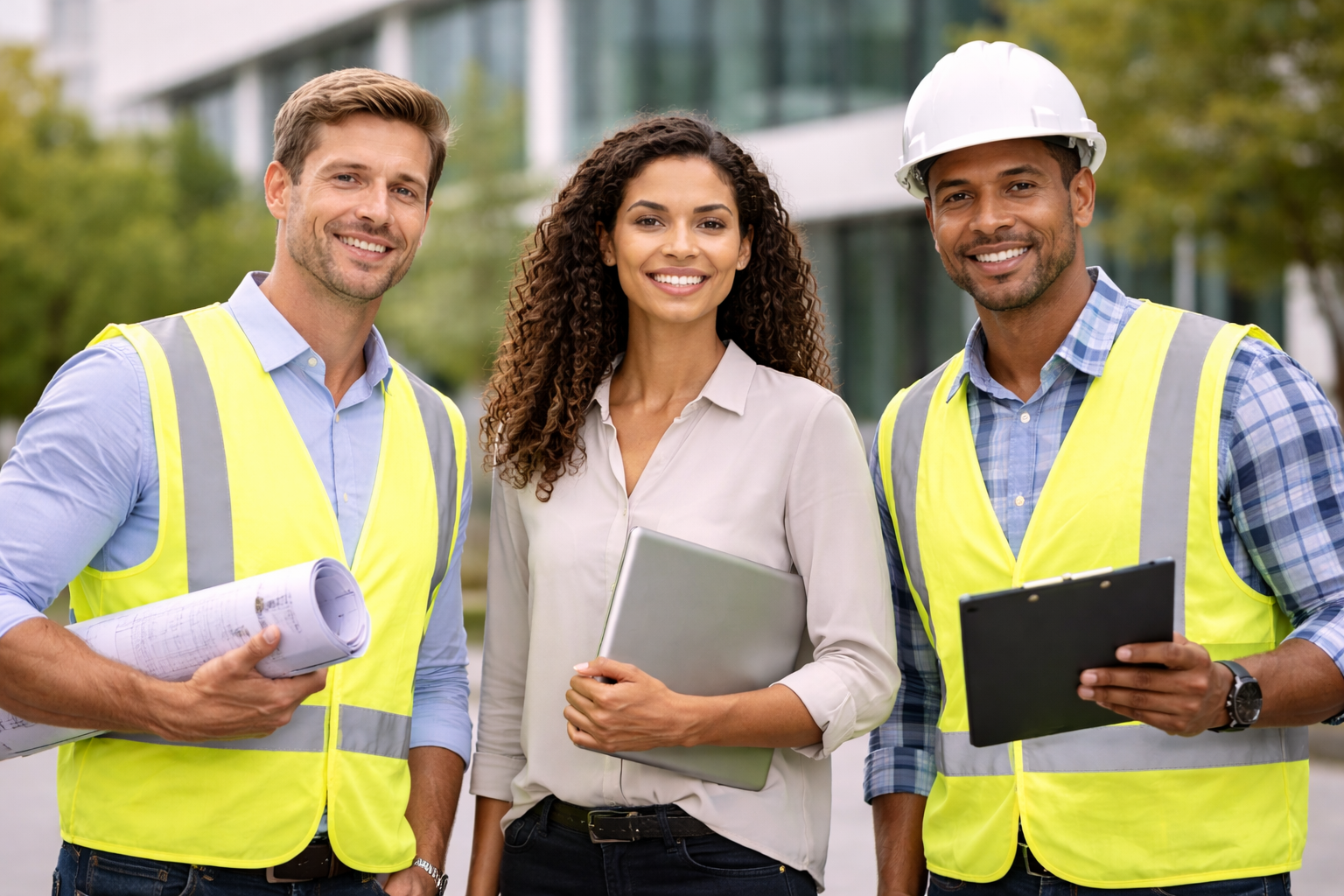Three construction professionals outdoors smiling, two men wearing yellow safety vests and hard hats, woman in the middle holding a laptop, all in front of modern building and trees.