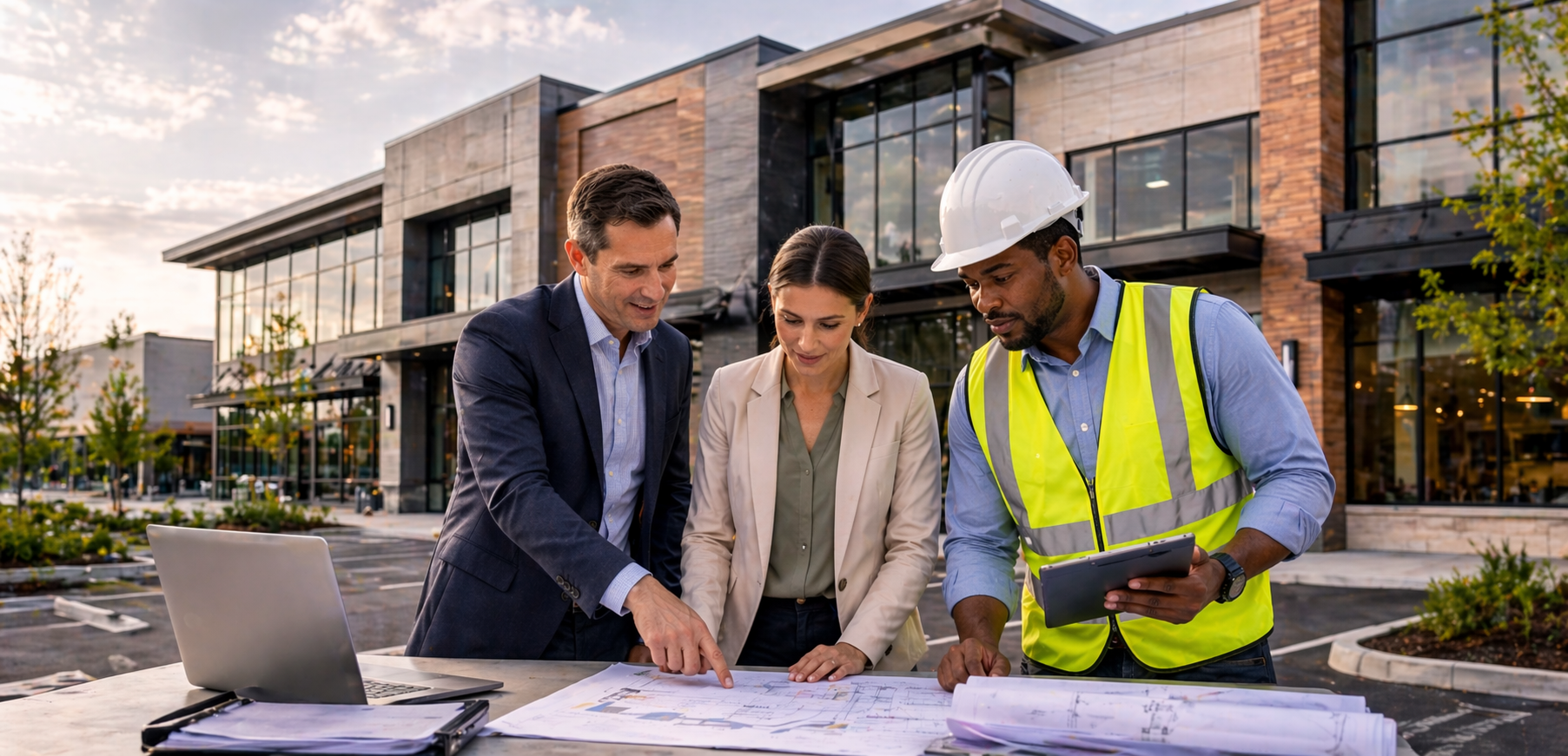 Three professionals review construction plans outdoors in front of a modern building, with a laptop and blueprints on the table.
